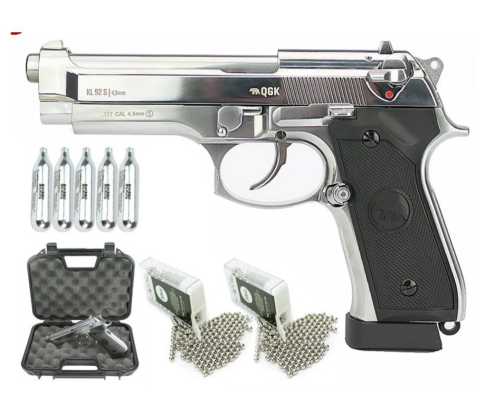 Pistola de Pressão Gás CO2 KL92 M92 Silver Blowback Full Metal 4,5mm QGK + Esferas de Aço + Cilindro Co2