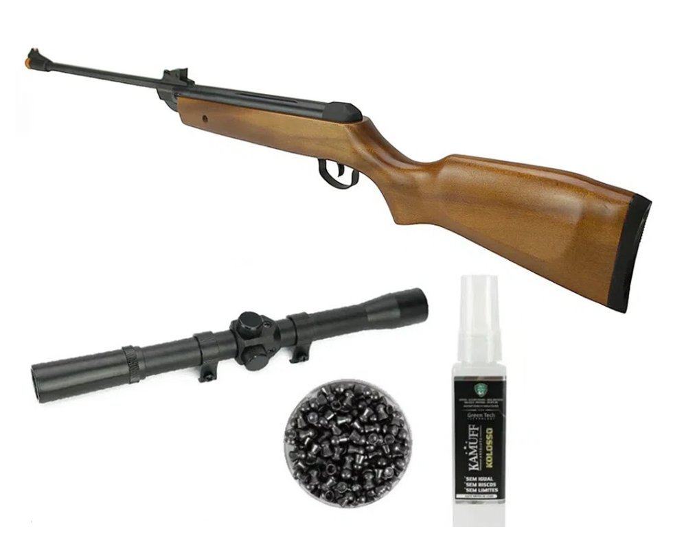 Carabina De Pressão Qgk 14 Madeira 5,5mm + Luneta 4x20 +Chumbinho + Kamuff