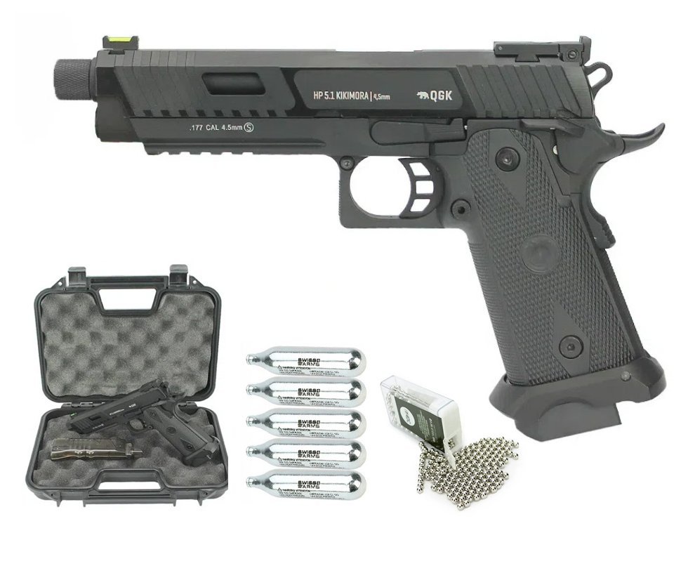 Pistola de Pressão Gás CO2 HP 5.1 Kikimora 4,5mm Full Metal Blowback QGK + Esferas de Aço + Co2 12g