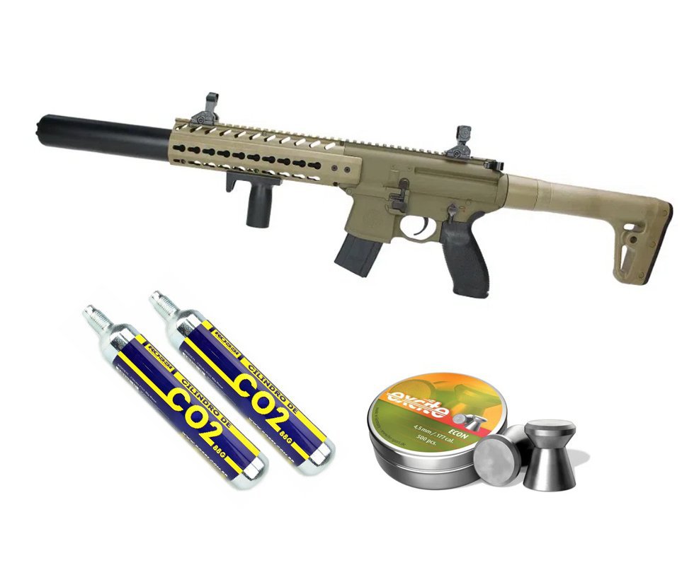 Rifle de Pressão CO2 Semi-auto Sig Sauer MCX 30 Tiros 4,5mm TAN + Cilindro de Co2 88g + Chumbinho