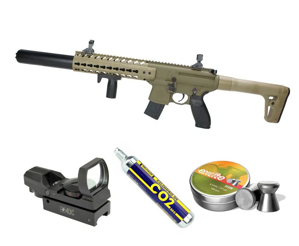 Rifle de Pressão CO2 Semi-auto Sig Sauer MCX 30 Tiros 4,5mm TAN + Red Dot + Co2 88g + Chumbinho