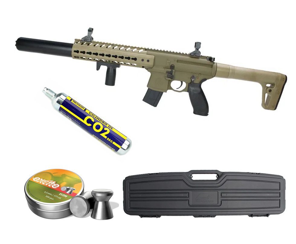Rifle de Pressão CO2 Semi-Auto Sig Sauer MCX 30 Tiros 4,5mm TAN + Case Rigido + Co2 88g + Chumbinho