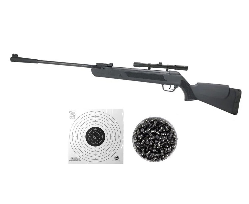 Carabina de Pressão LB600 FIRE 5,5mm SPA QGK + Chumbinho + Luneta 4x20 + Alvos Descartáveis