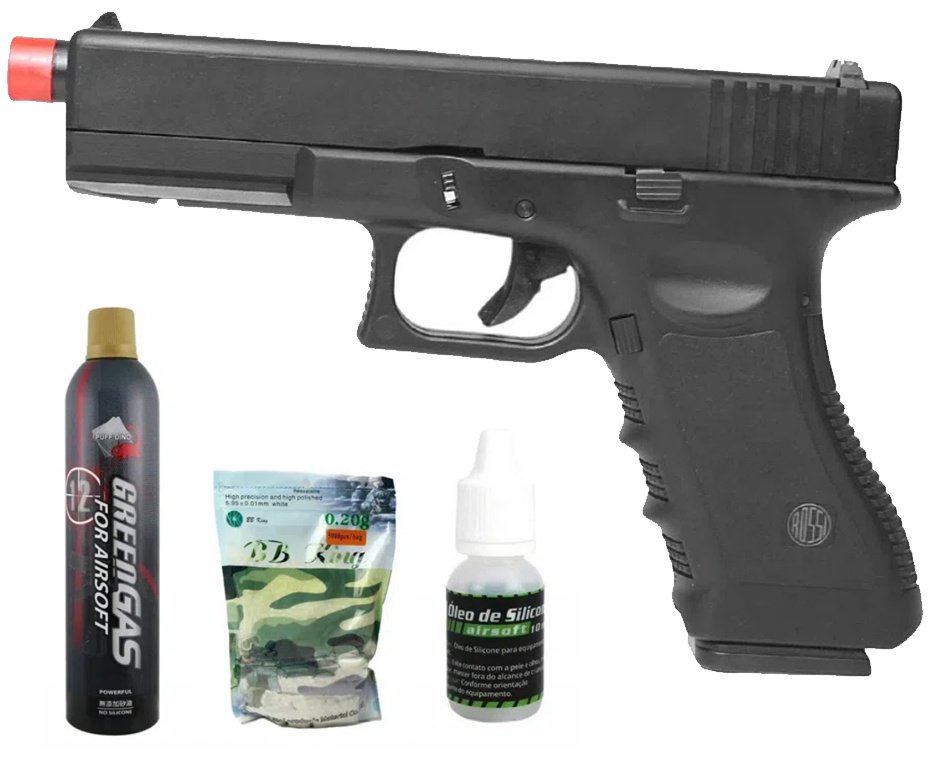 Pistola de Airsoft Gás GBB VG V17 Blowback 6mm - Rossi + Green Gás + Óleo de Silicone + BBs