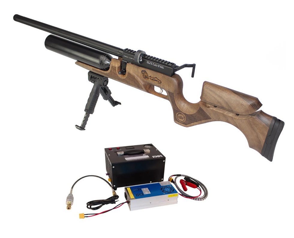 Carabina De Pressão Kral Arms Pcp Puncher Bighorn Madeira 07 Tiros 9mm + Compressor Portátil