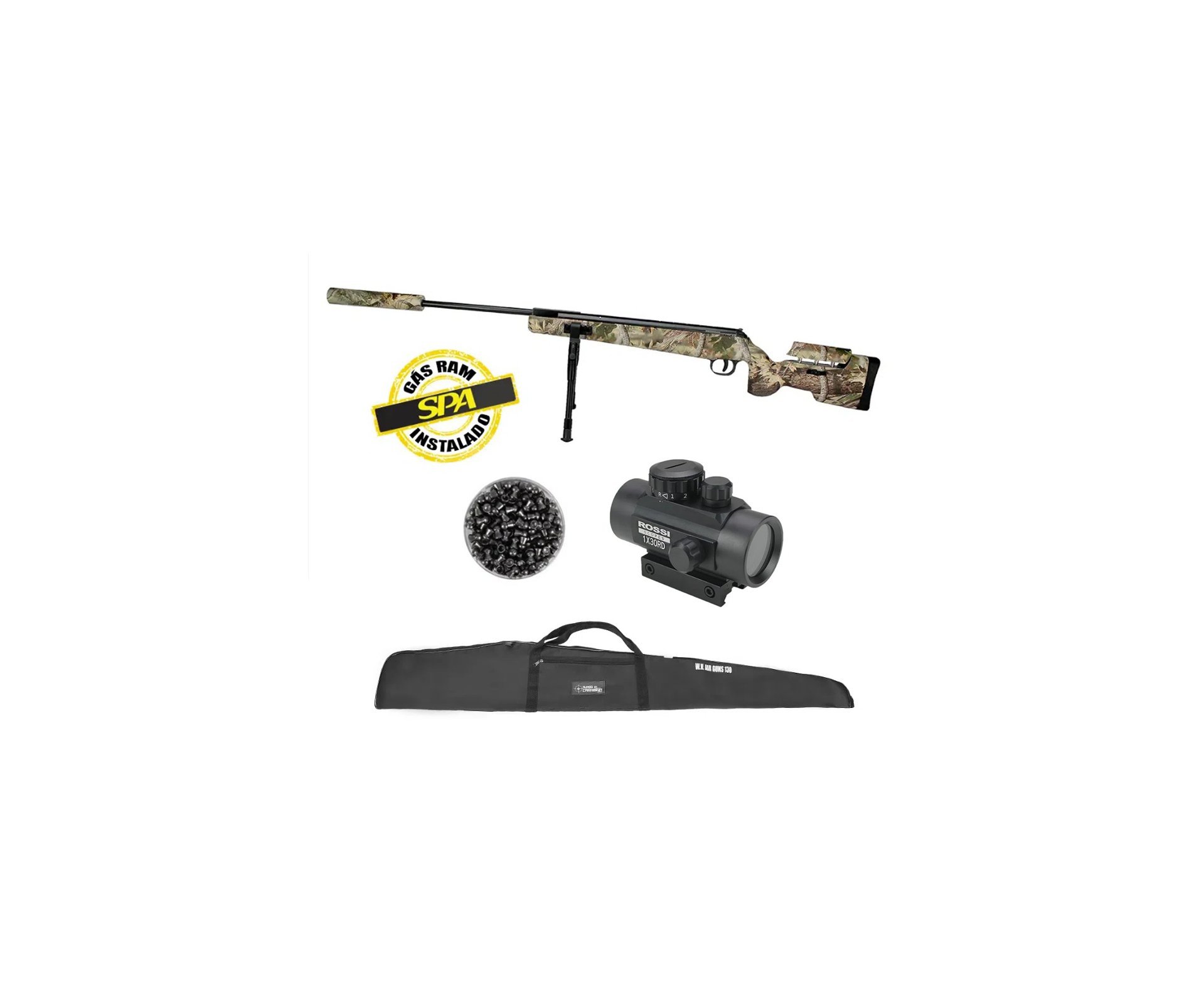 Carabina De Pressão Eagle Camo 1250 Sniper Gas Ram 70kg 4.5mm Qgk By Spa + Red dot + Chumbinho + Capa