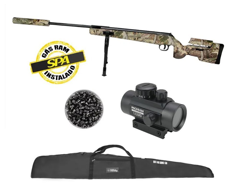 Carabina De Pressão Eagle Camo 1250 Sniper Gas Ram 70kg 4.5mm Qgk By Spa + Red dot + Chumbinho + Capa