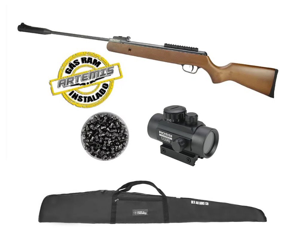 Carabina De Pressão Black Hawk Wood Edition Gas Ram 70kg 4.5mm Artemis + Red Dot + Chumbinho + capa