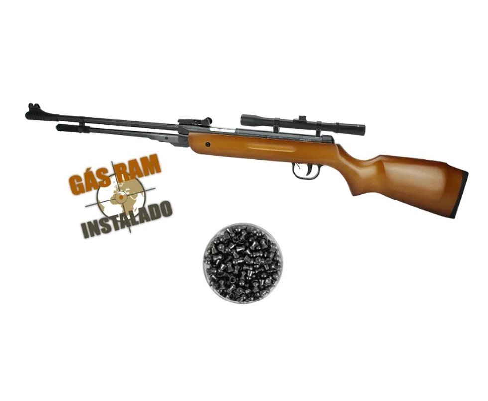 Carabina De Pressão Power Spring Madeira Cal 5.5mm Fixxar Gás Ram 50kg Instalado + Luneta 4x20 + Chumbinho