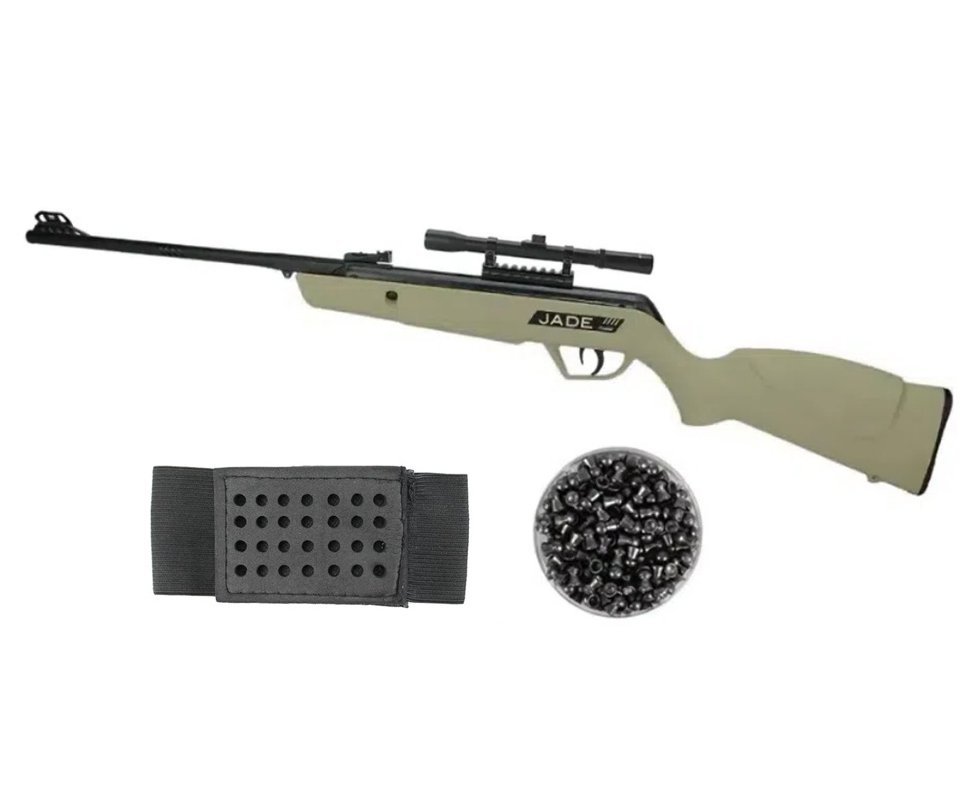 Carabina De Pressão Cbc Jade Pro Oxidada Tan 5,5mm + Luneta 4x20 + Chumbinho + Porta Chumbinho
