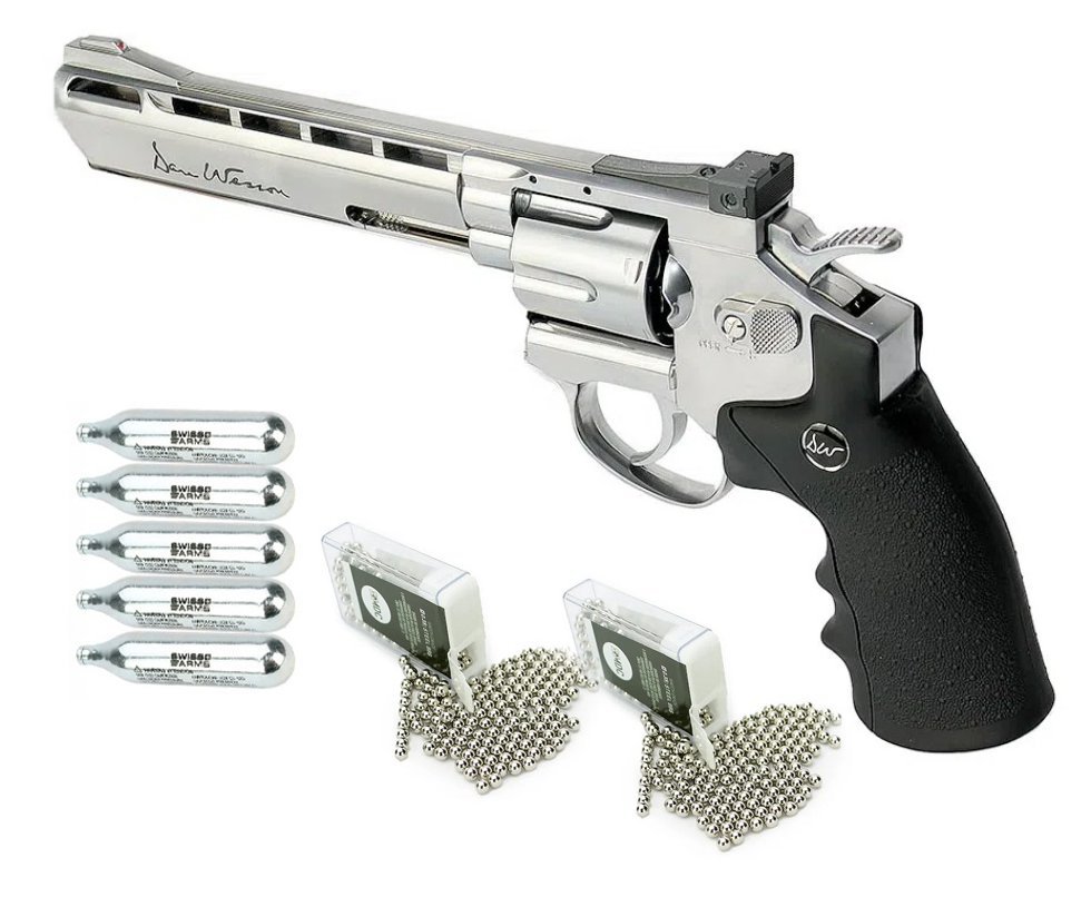 Revólver De Pressão Co2 Dan Wesson 6" Full Metal Inox 6 Tiros 4,5mm Asg + CO2 + Esfera de aço