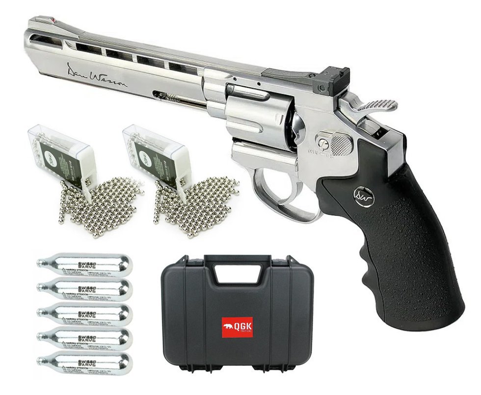 Revólver De Pressão Co2 Dan Wesson 6" Full Metal Inox 6 Tiros 4,5mm Asg+CO2+Esfera de aço+Case