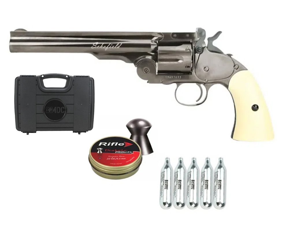 Revólver Pressão CO2 Colt .45 Schofield 6" Full Metal 6 Tiros Steel Chumbinho 4,5mm ASG + Chumbinho + CO2 + Case