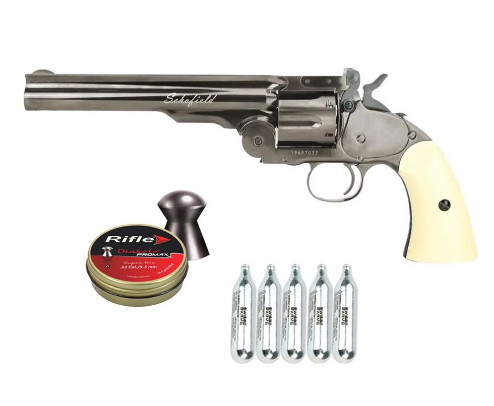 Revólver Pressão CO2 Colt .45 Schofield 6" Full Metal 6 Tiros Steel Chumbinho 4,5mm ASG + Chumbinho + CO2