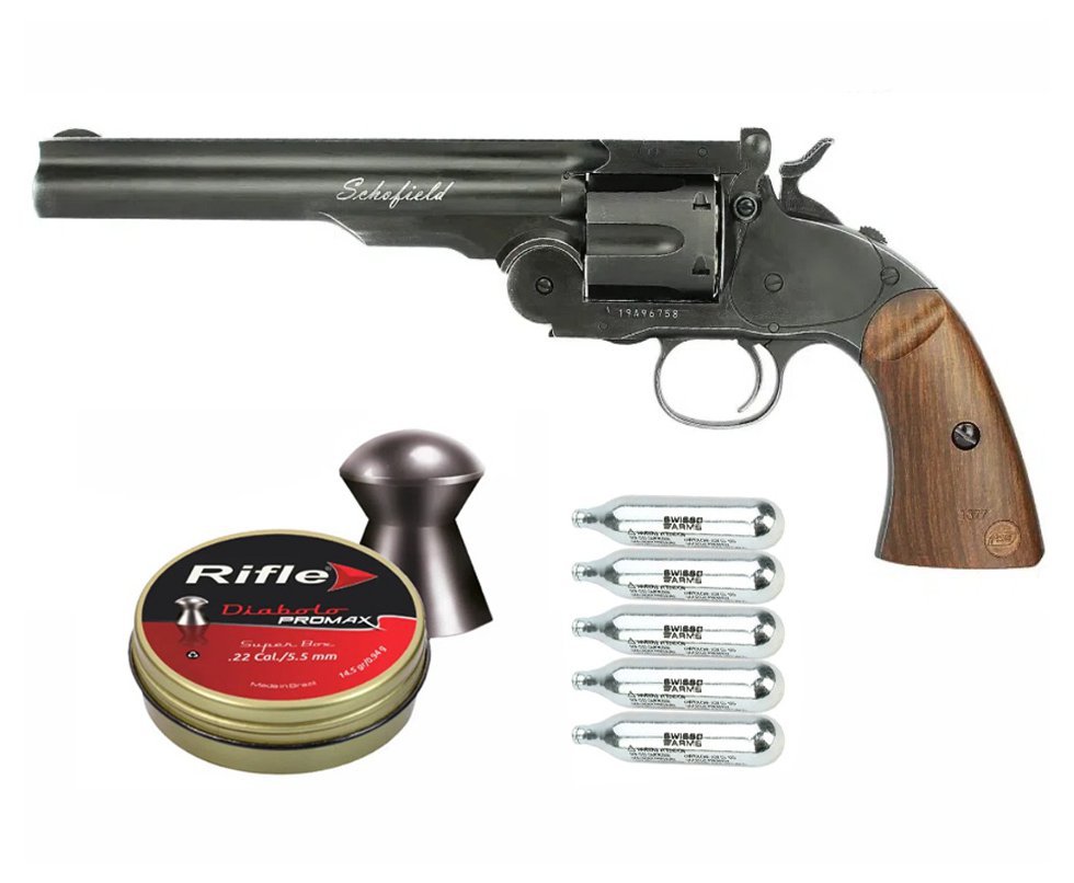 Revólver De Pressão Full Metal Co2 Colt .45 Schofield 6" 6 Tiros Chumbinho 4,5mm Asg + CO2 +Chumbinho