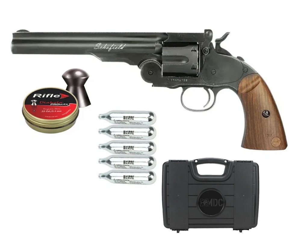 Revólver De Pressão CO2 Colt .45 Schofield 6" Full Metal 6 Tiros Chumbinho 4,5mm Asg + CO2 + Chumbinho + Case