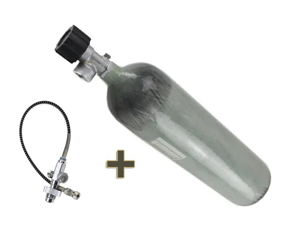 Cilindro Scuba Fibra Carbono PCP 300 bar 6,8L + Válvula DIN - Leão + Estação de Recarga DIN com manômetro