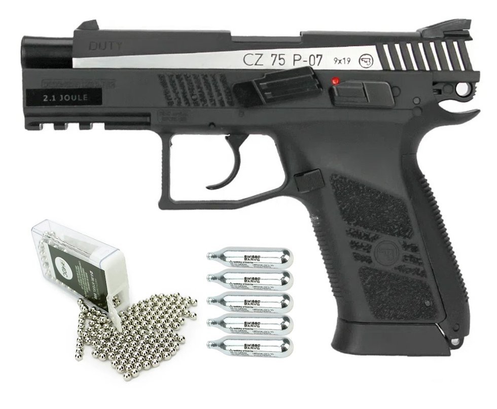 Pistola de Pressão CO2 CZ 75 P-07 Duty Blowback Dual Tone 4,5mm ASG + CO + Esfera de aço