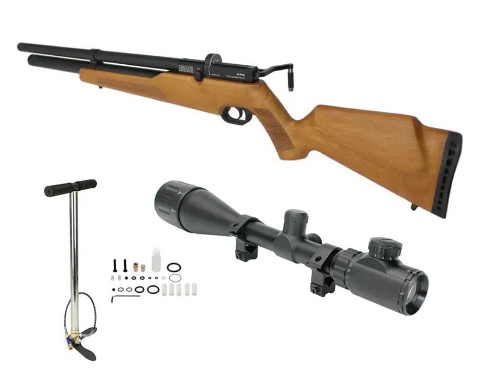 Carabina De Pressão PCP Alpha 6.35mm WOOD com Valvula Reguladora - Nova Vista + Bomba + Luneta 6-24x50