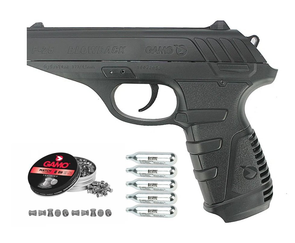 Pistola De Pressão A Gás Gamo Gbb Co2 P-25 Blowback Slide Metal Black 4.5mm +CO2 + Chumbinho