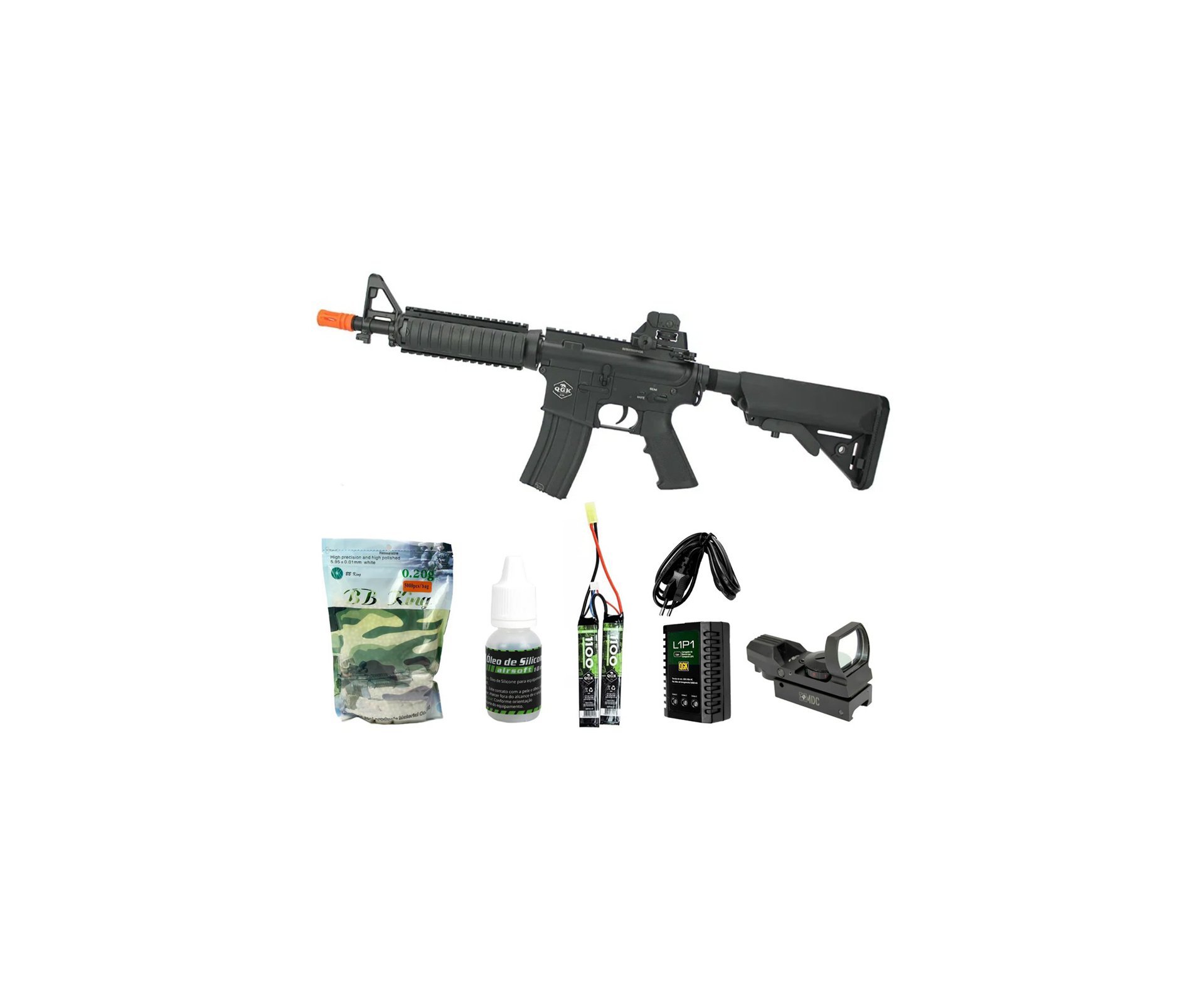 Rifle de Airsoft Eletrico AEG M4A1 SB CQB Full Metal FM-04 6mm QGK + Red Dot + Carregador + Bateria lipo + BBs + Óleo de silicone