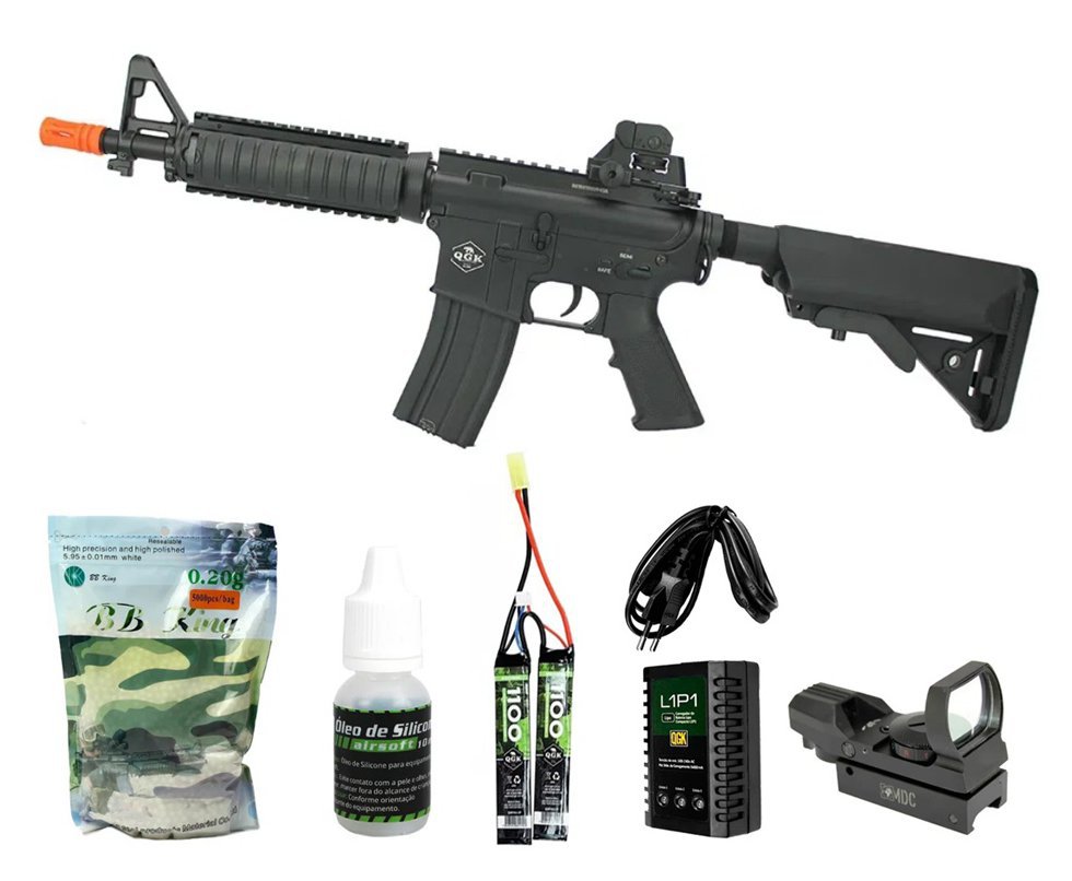 Rifle de Airsoft Eletrico AEG M4A1 SB CQB Full Metal FM-04 6mm QGK + Red Dot + Carregador + Bateria lipo + BBs + Óleo de silicone