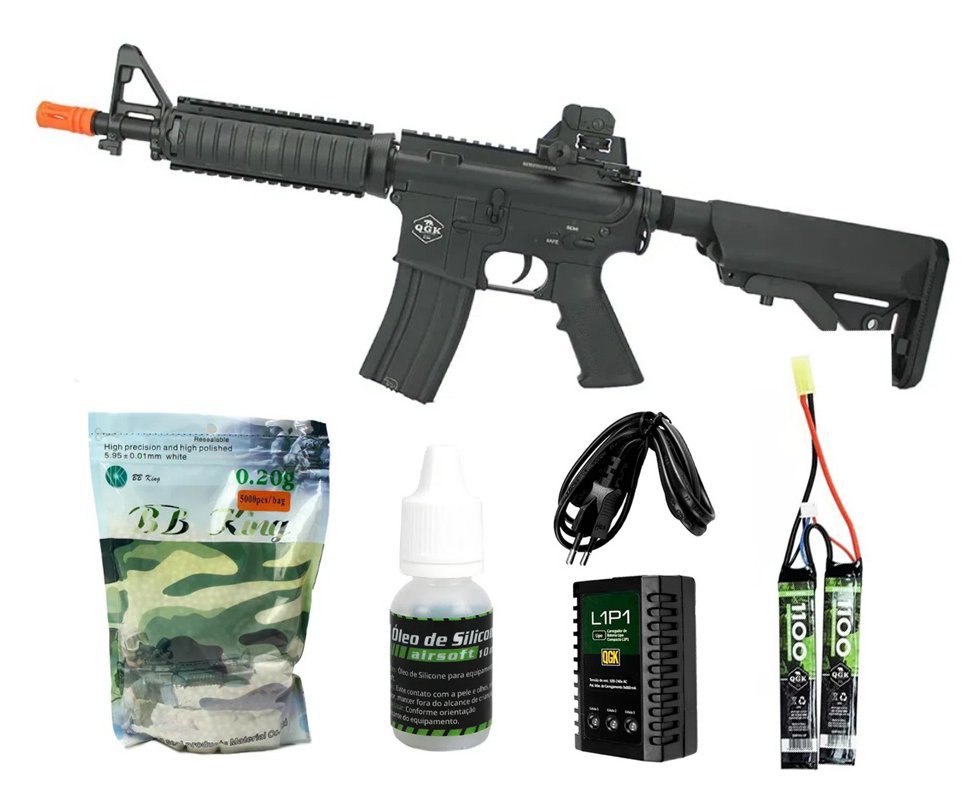 Rifle de Airsoft Eletrico AEG M4A1 SB CQB Full Metal FM-04 6mm QGK + Carregador + Bateria Lipo + BBs + Óleo de Silicone