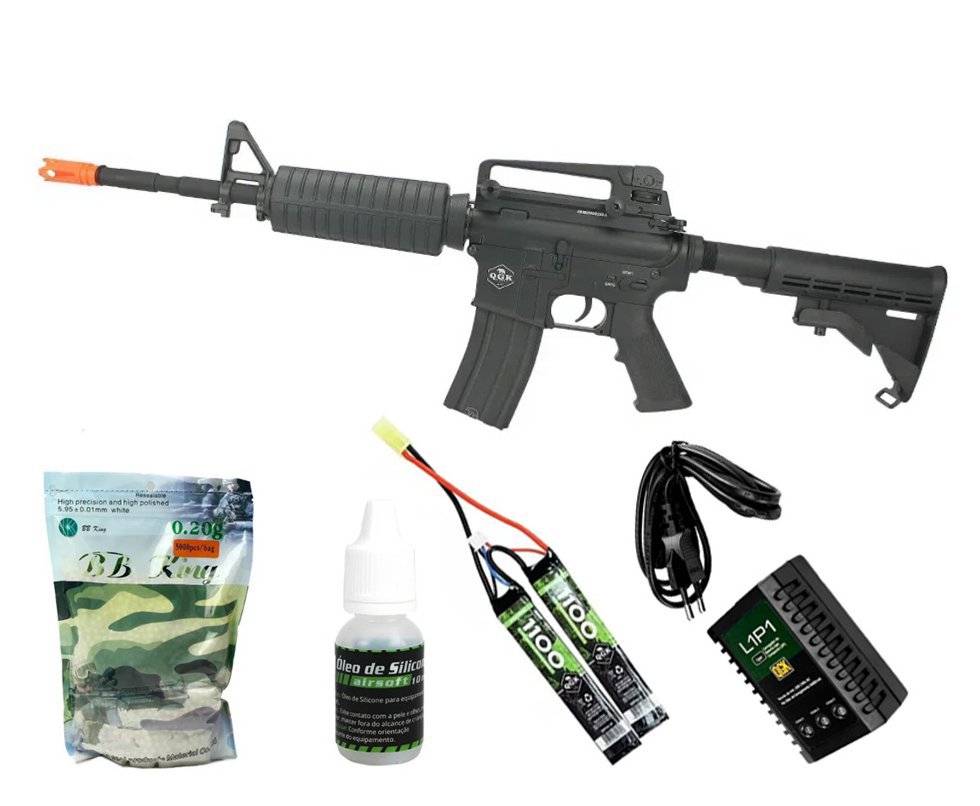 Rifle de Airsoft Elétrico AEG M4A1 Full Metal FM-01 6mm APS QGK + Carregador + Bateria Lipo 7.4v + BBs + Óleo de Silicone