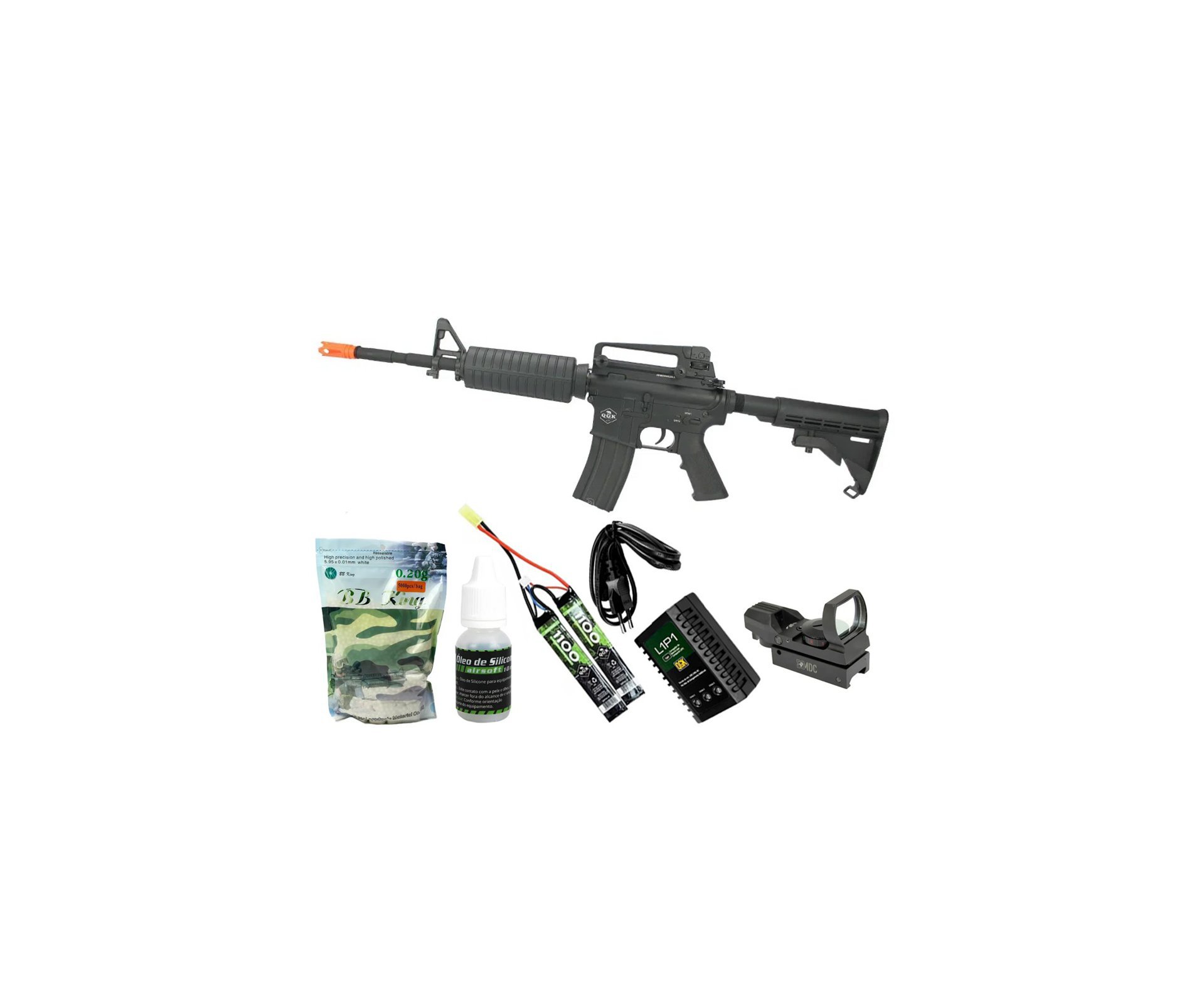 Rifle de Airsoft Elétrico AEG M4A1 Full Metal FM-01 6mm APS QGK + Red Dot + Carregador + Bateria Lipo + BBs + Óleo de silicone