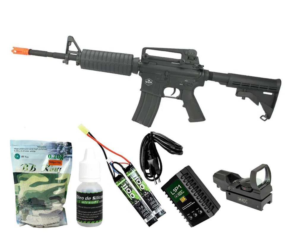 Rifle de Airsoft Elétrico AEG M4A1 Full Metal FM-01 6mm APS QGK + Red Dot + Carregador + Bateria Lipo + BBs + Óleo de silicone