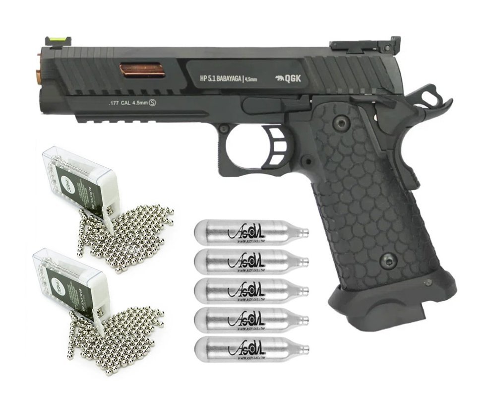 Pistola de Pressão Gás Co2 HP 5.1 1911 Baba Yaga Full Metal Blowback 4,5mm QGK + CO2 + Esfera de aço