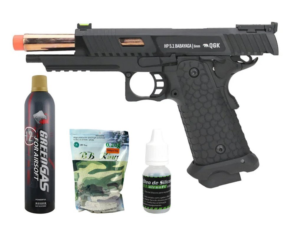 Pistola de Airsoft Gás GBB HP 5.1 1911 Babayaga Full Metal Blowback 6,0mm QGK + Green Gas + BBs + Óleo de Silicone
