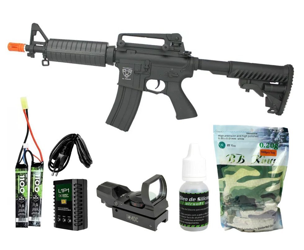 Rifle de Airsoft AEG M4 ASR105 Full Metal com Blowback 6,0 TAG APS Conception + Red Dot + Bateria 7.4 + Carregador + BBs + Óleo de silicone