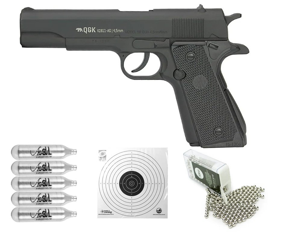 Pistola de Pressão Gás CO2 K1911-AG Colt Full Metal 4.5mm QGK + Co2 + Alvos Descartáveis + BBs de Aço