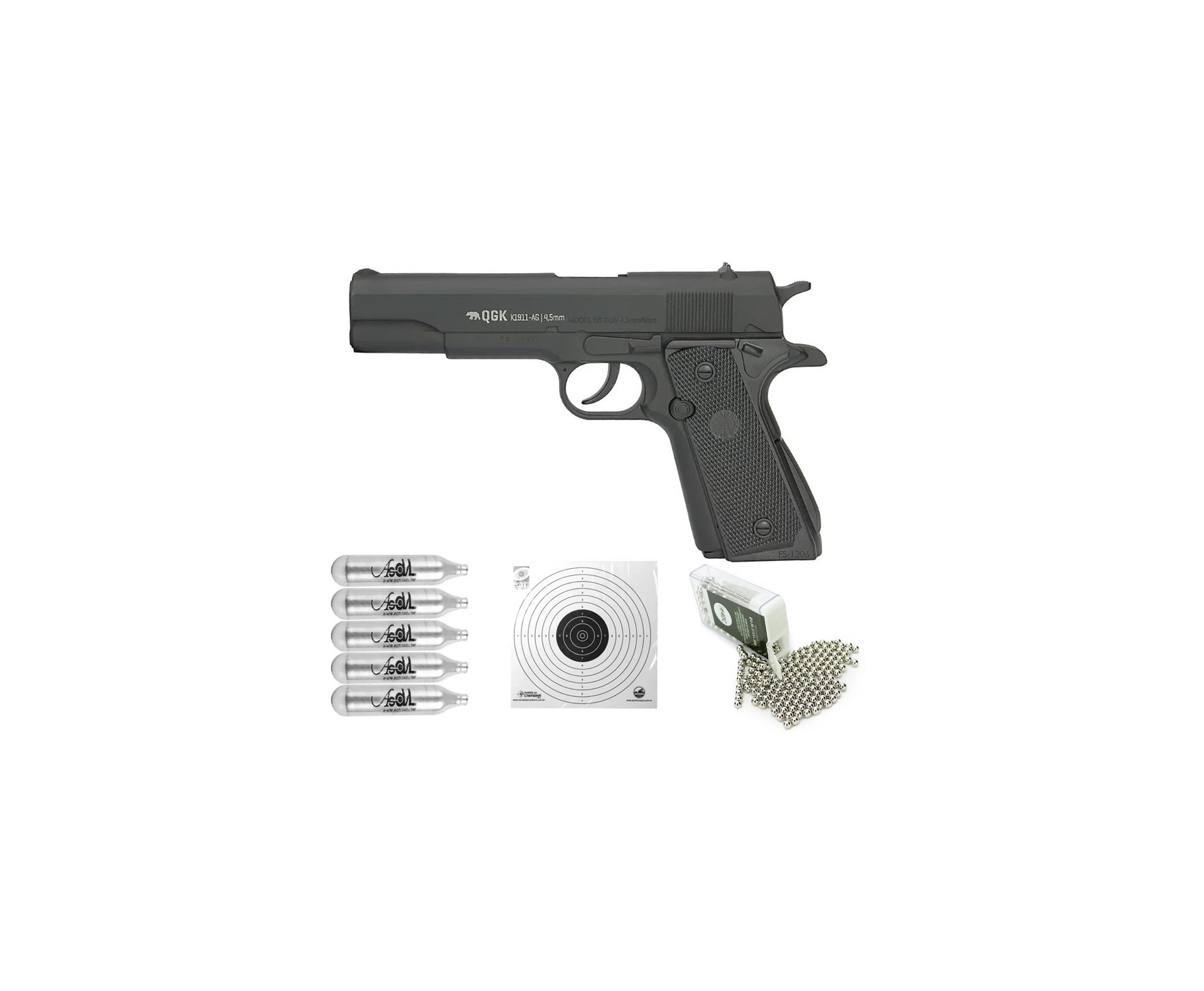 Pistola de Pressão Gás CO2 K1911-AG Colt Full Metal 4.5mm QGK + Co2 + Alvos Descartáveis + BBs de Aço