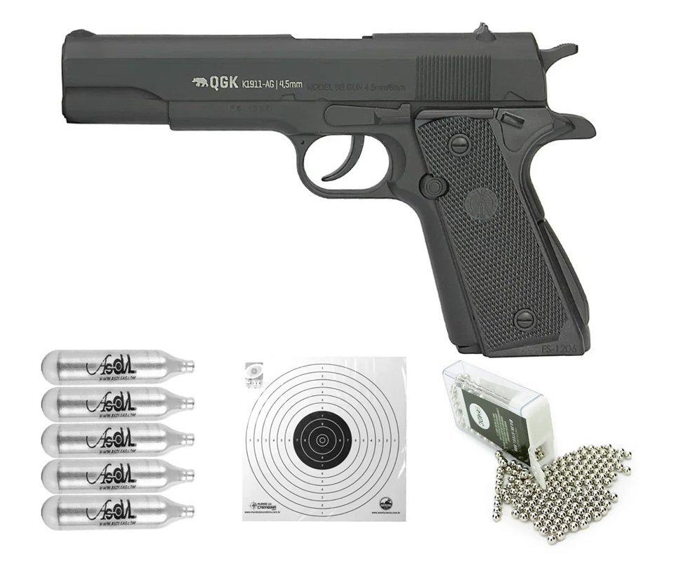 Pistola de Pressão Gás CO2 K1911-AG Colt Full Metal 4.5mm QGK + Co2 + Alvos Descartáveis + BBs de Aço