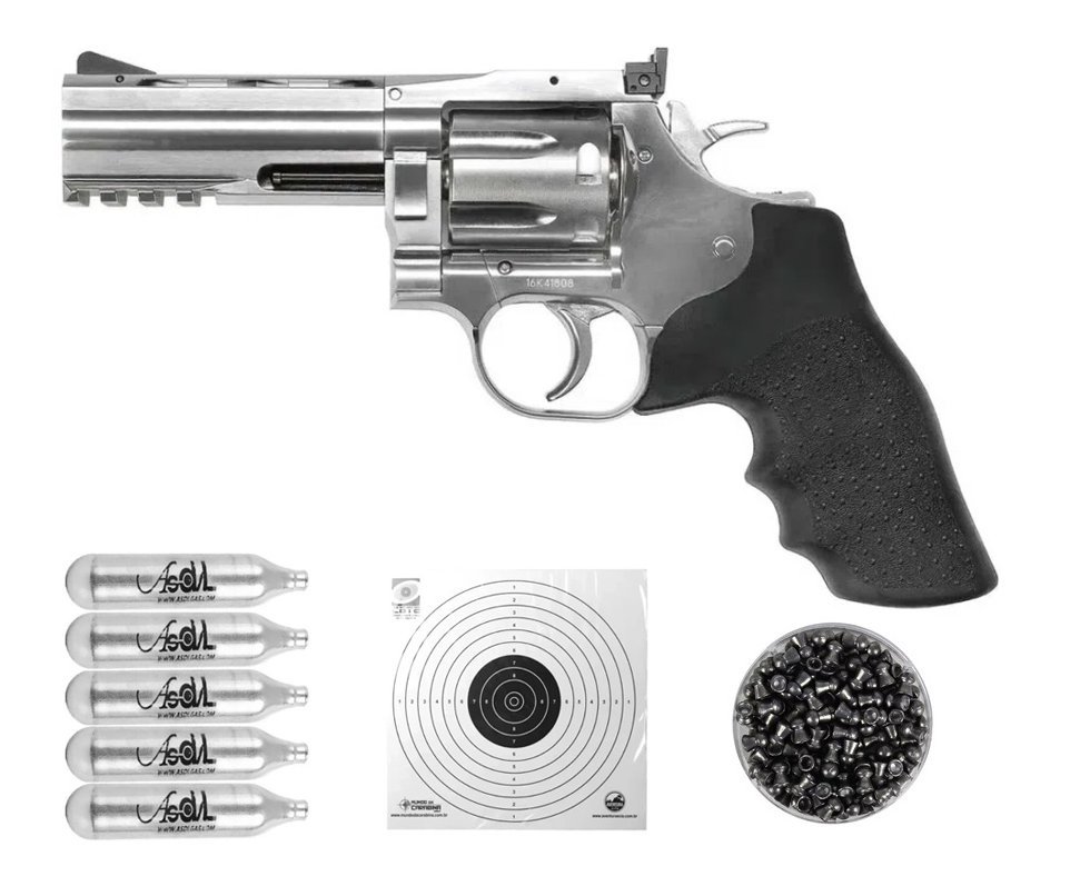 Revólver Pressão Co2 Dan Wesson 715 Full Metal 4" Silver 4,5mm Chumbinho - ASG + CO2 + Chumbinho + Alvos