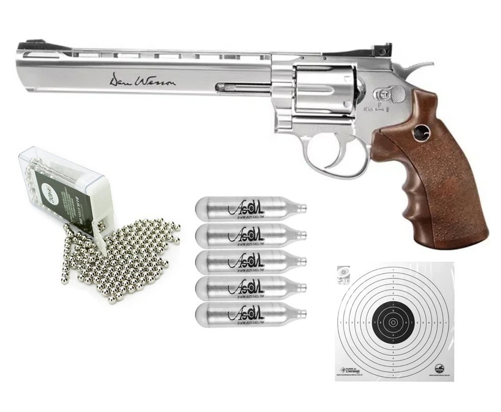 Revólver De Pressão Co2 Dan Wesson 8" Wood Inox Full Metal 4,5mm ASG. + Co2 + Alvos + Esferas de aço