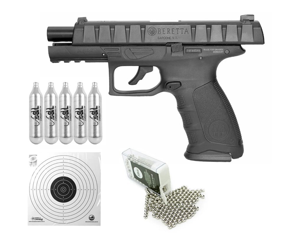 Pistola De Pressão Co2 Beretta APX Blowback Full Metal 4,5mm + CO2 + Alvos + Esferas