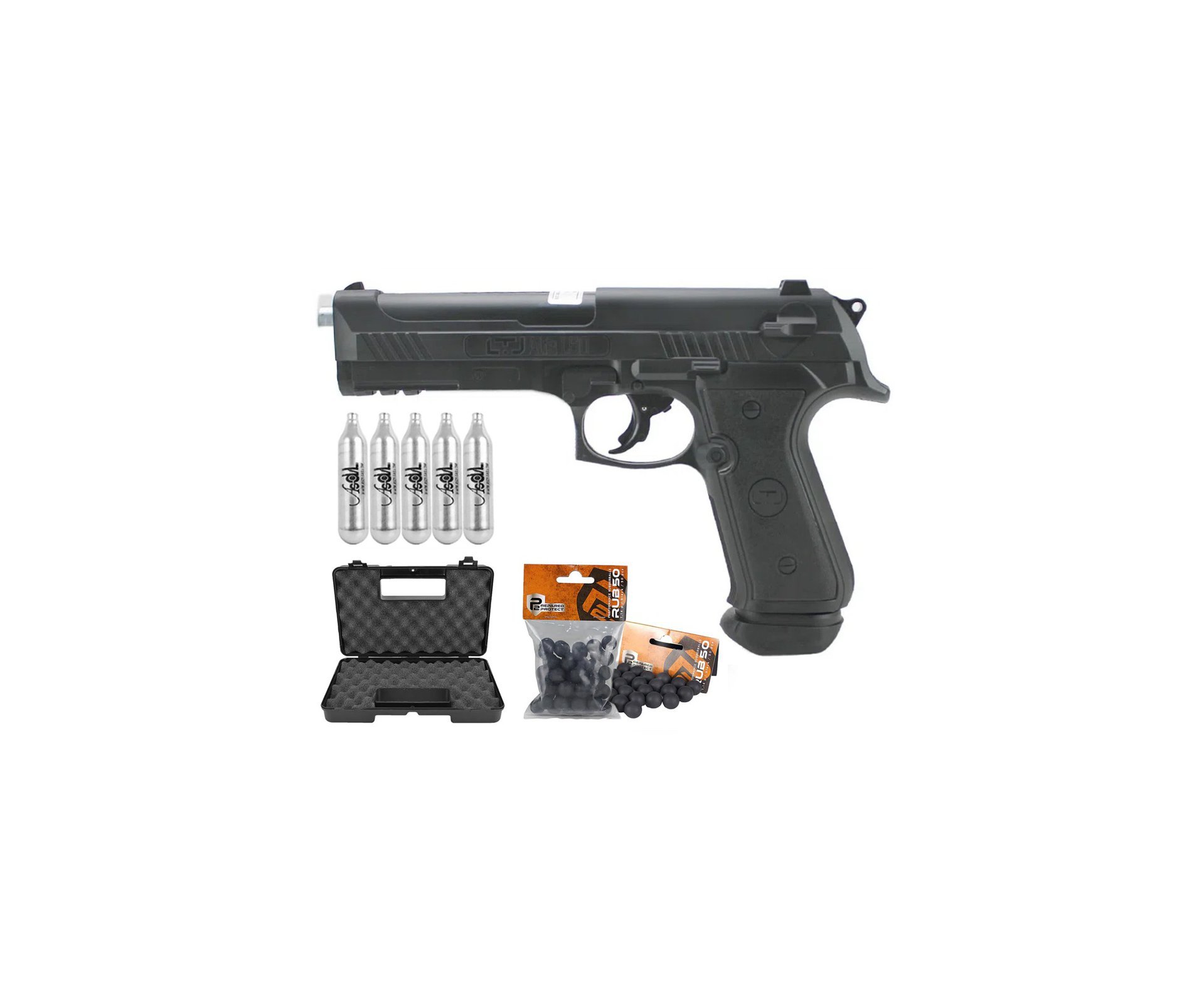Pistola Pressão CO2 RAM LTL Alfa 1.50 Esferas .50 Defesa Pessoal + Co2 + BBs de Borracha + Case Rigida