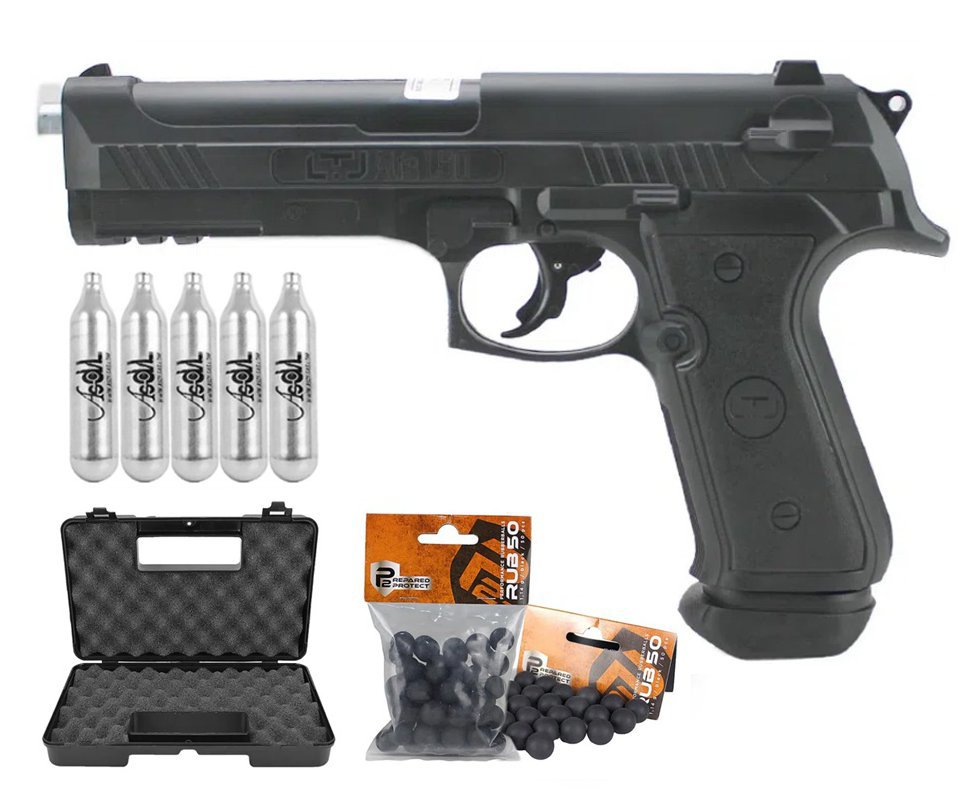 Pistola Pressão CO2 RAM LTL Alfa 1.50 Esferas .50 Defesa Pessoal + Co2 + BBs de Borracha + Case Rigida