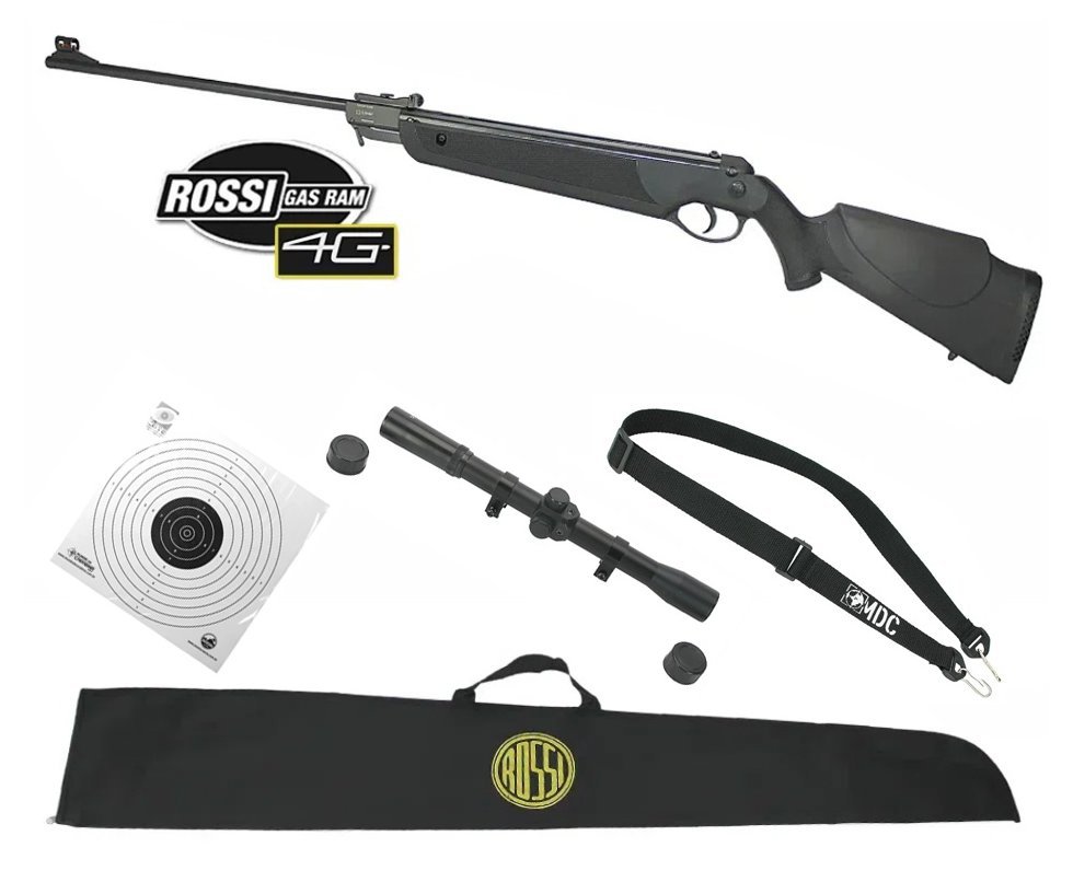 Carabina de Pressão Dione 4G 4,5mm Gas Ram 55kg Instalado - Rossi + Luneta 4x20 + Alvos + Chumbinho + Capa + Bandoleira