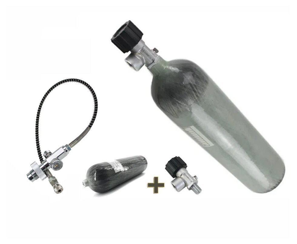 Cilindro Scuba Fibra Carbono PCP 300 bar 6,8L + Válvula DIN - Leão + Estação de Recarga PCP - DIN Airsoft / PaintBall com Mangueira capilar de 49cm