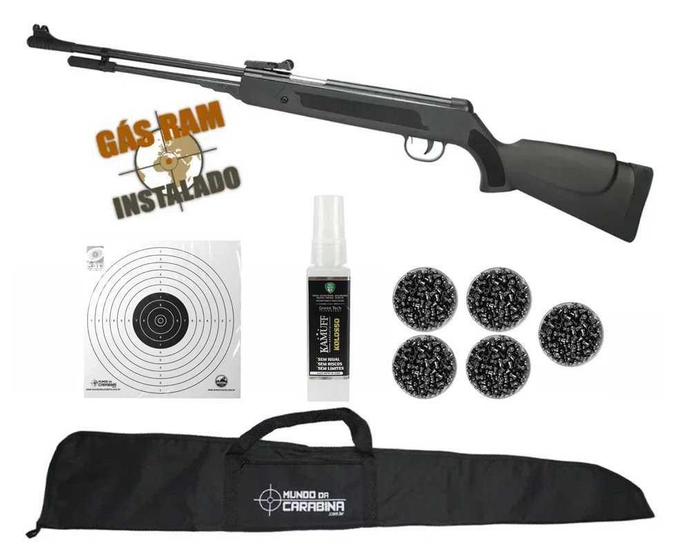 Carabina De Pressão Power Spring Black Cal 5.5mm Fixxar Gás Ram 50kg Instalado + 05 Chumbinho + Capa + Alvos + Kamuff