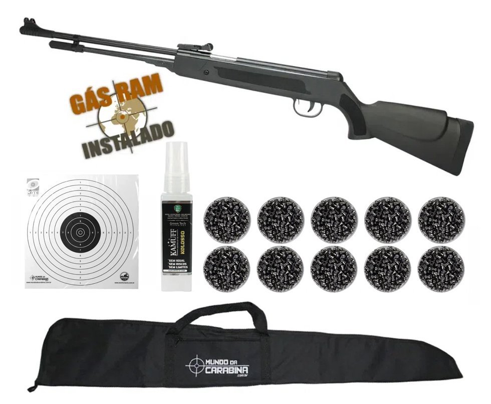 Carabina De Pressão Power Spring Black Cal 5.5mm Fixxar Gás Ram 50kg Instalado + Chumbinho + Capa + Alvos + Kamuff
