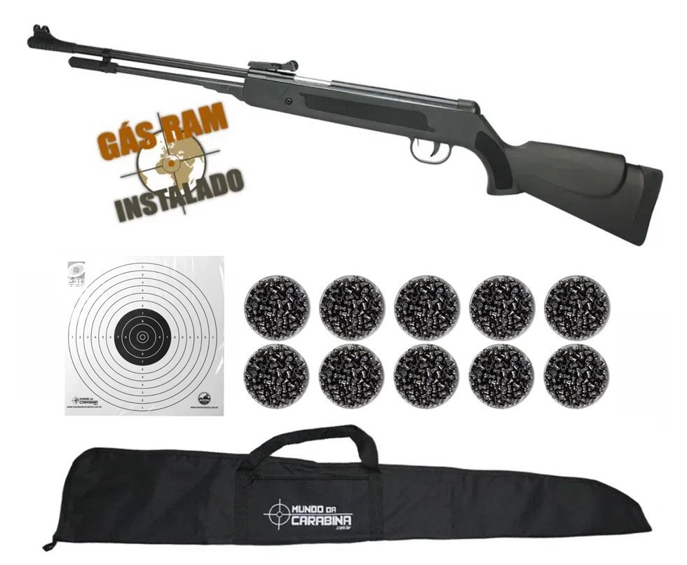 Carabina De Pressão Power Spring Black Cal 5.5mm Fixxar Gás Ram 50kg Instalado + Capa + Chumbinho + Alvos