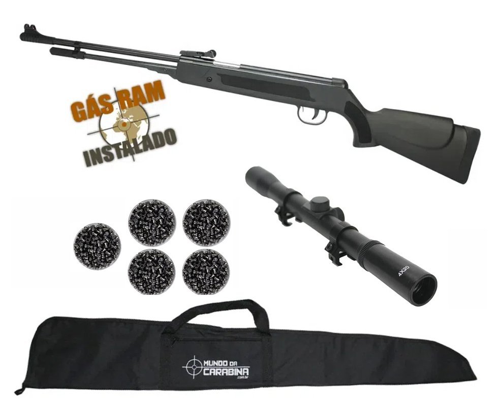 Carabina De Pressão Power Spring Black Cal 5.5mm Fixxar Gás Ram 50kg Instalado + Luneta 4x20 + Capa + Chumbinho