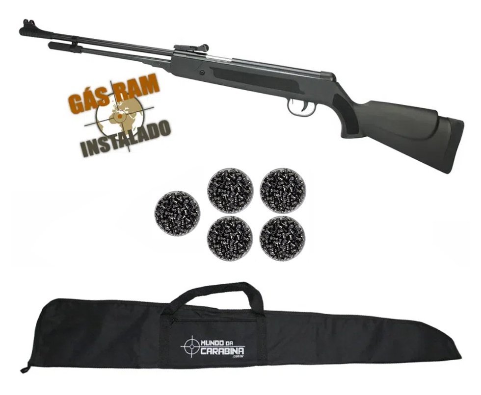 Carabina De Pressão Power Spring Black Cal 5.5mm Fixxar Gás Ram 50kg Instalado + Chumbinho + Capa