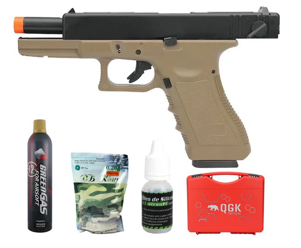 Pistola Airsoft GBB Green Gas Glock R18 TAN Blowback 6mm Army Armament + Green Gás + BBs + Óleo de silicone