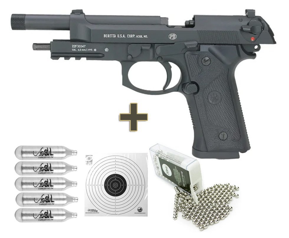 Pistola de Pressão CO2 Beretta M9A3 FM Blowback 4.5 BBs - Umarex + Co2 + bbs de Aço + Alvos